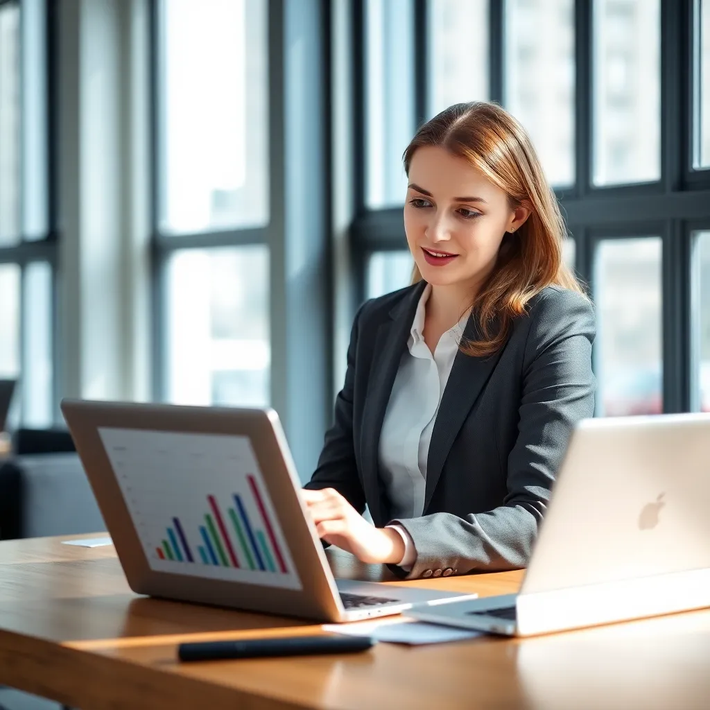 Zakenvrouw analyseert financiële grafieken op laptop