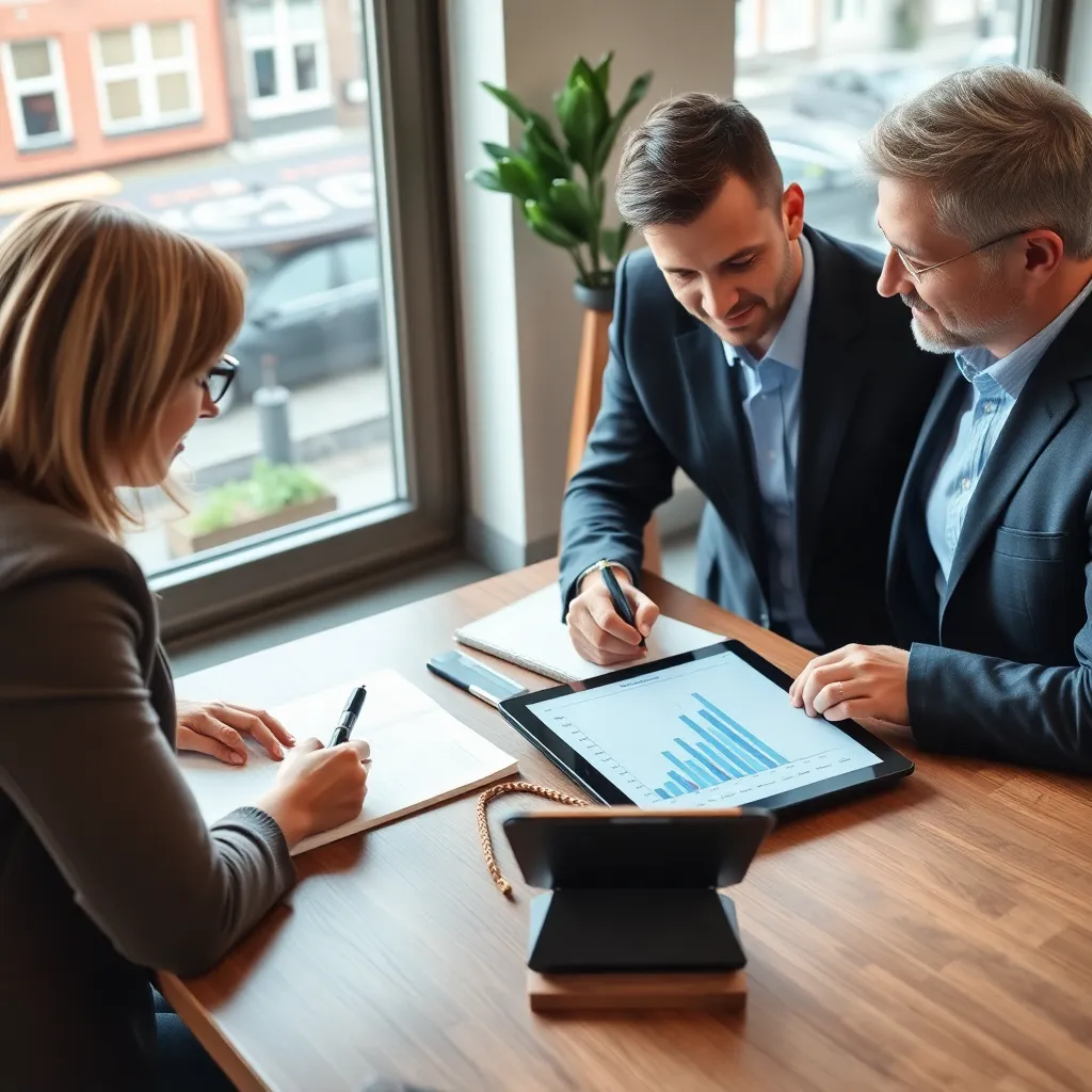 Financieel adviseur en cliënt bespreken doelen met notitieblok en tablet