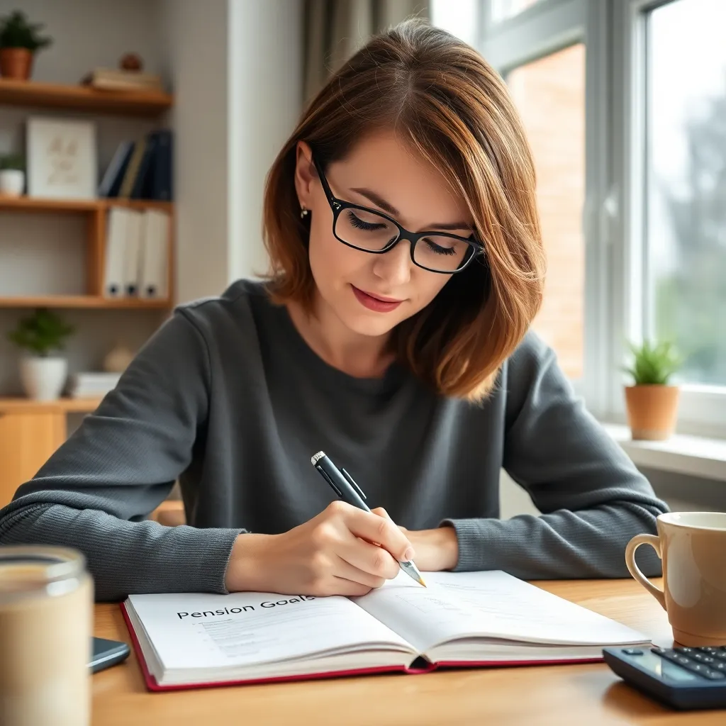 Persoon die pensioendoelen opschrijft in een notitieboek