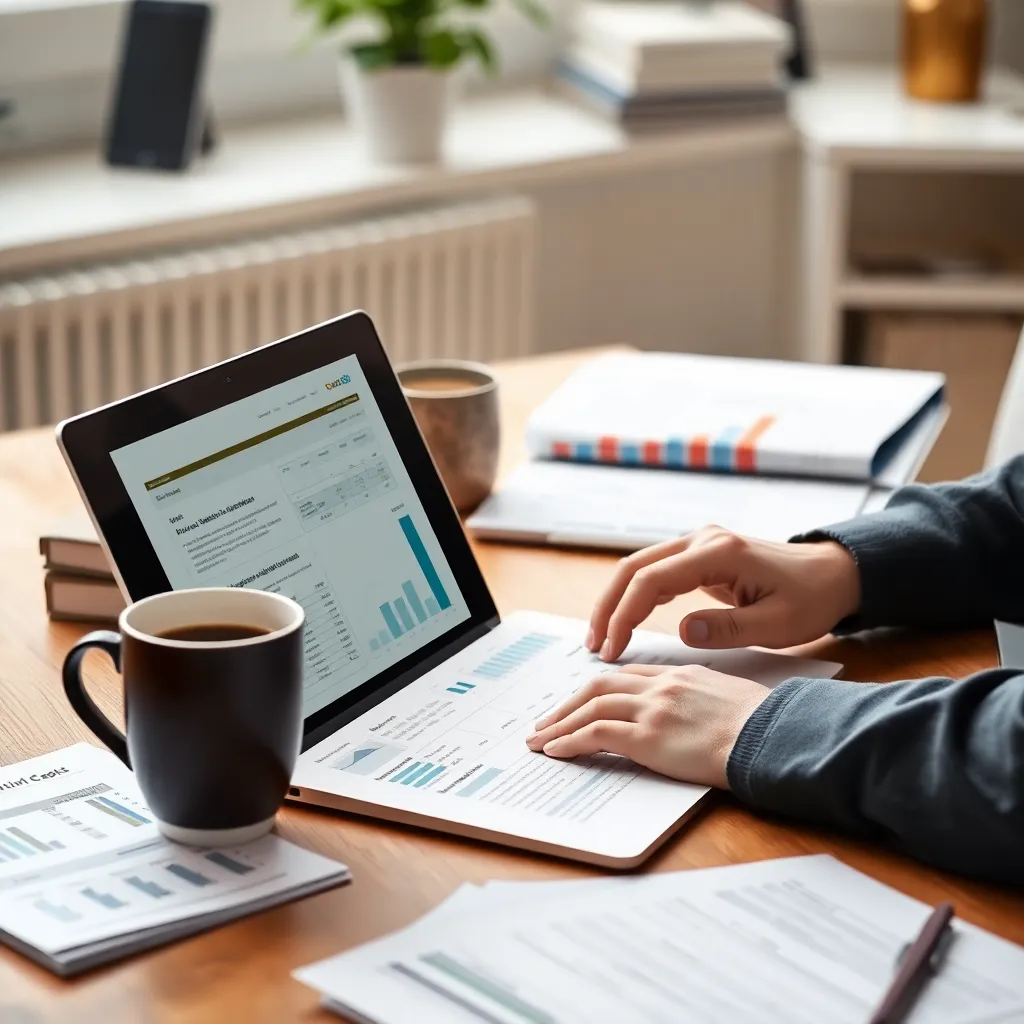 Persoon analyseert budgetoverzicht op laptop met koffie erbij