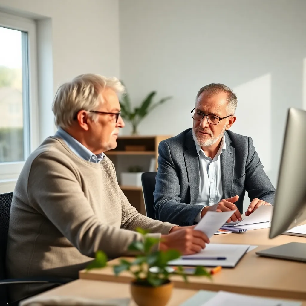 Senior koppel bespreekt pensioenplanning met financieel adviseur