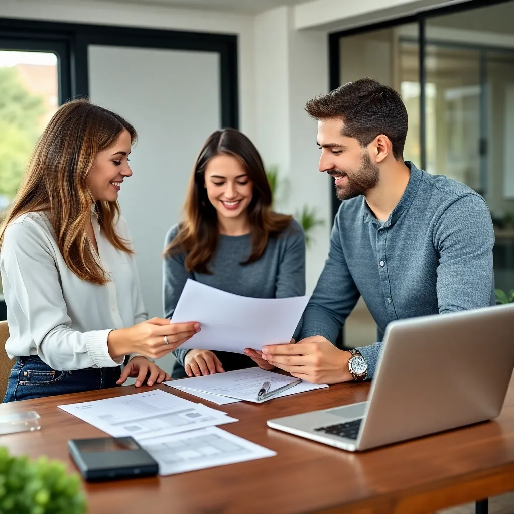 Jong koppel bekijkt huizenaanbod met makelaar voor eerste woning