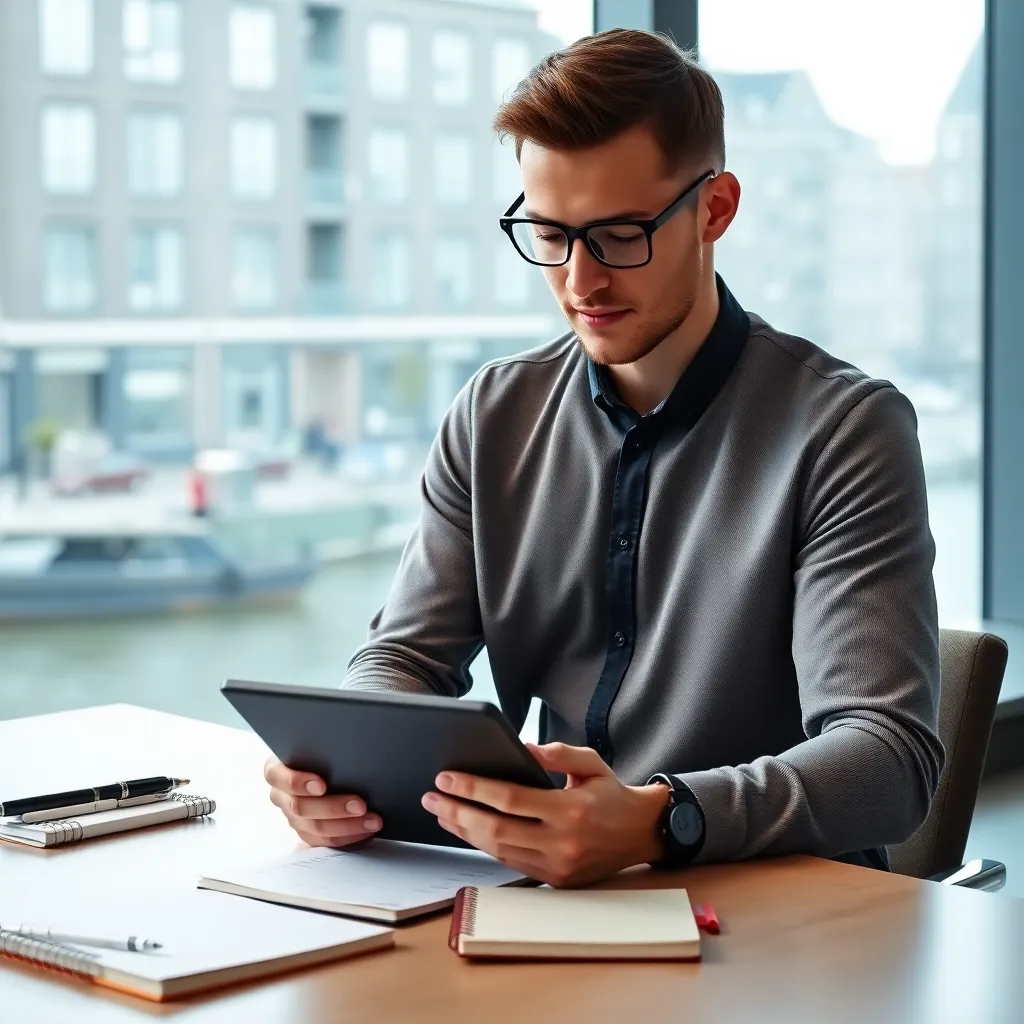 Jonge Nederlandse professional die financiële doelen plant met tablet en notities
